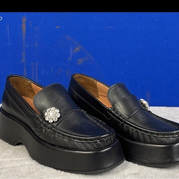 Ganni Shoes - Ganni Black Platform Loafers with Crystal Accent